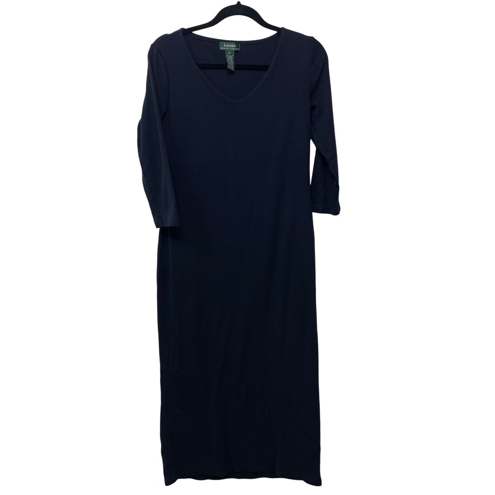 Lauren Ralph Lauren Navy Blue V-Neck Cotton Midi Dress Minimalist Y2K Lagenlook